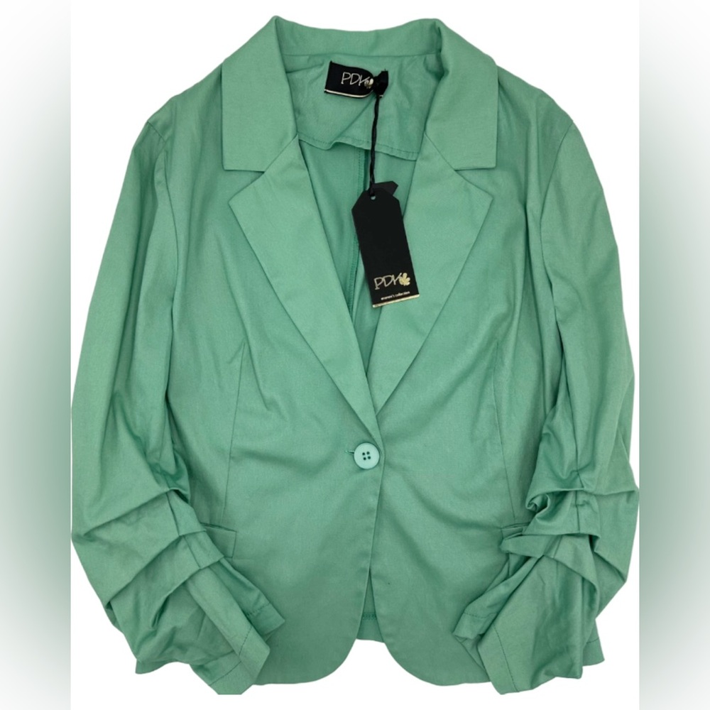 NWT PDK Italy Blazer Green XS Cotton Women’s 3/4 Sleeve Ruched